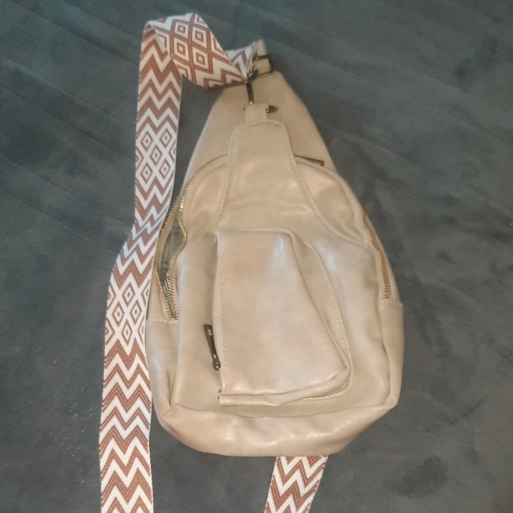 Beige Sling Bag with Patterned Strap